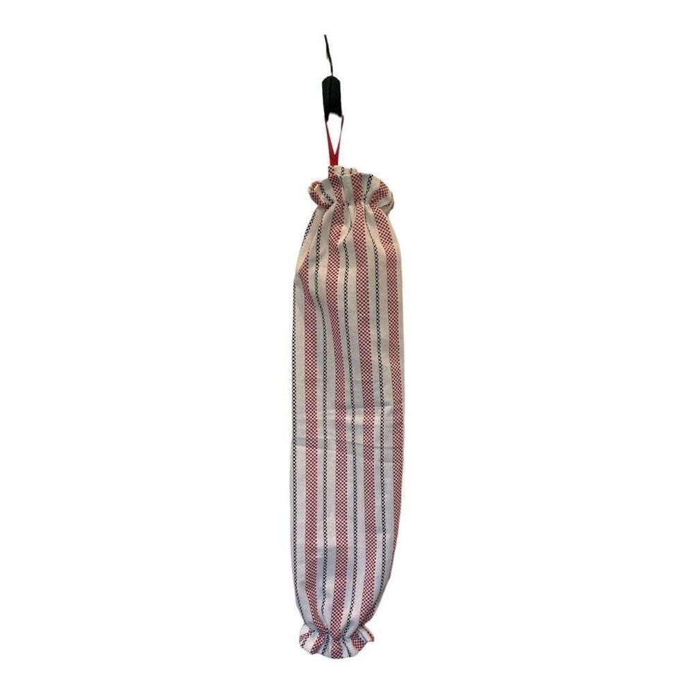 Handmade Plastic Bag Holder- Red black stripes red ribbon
